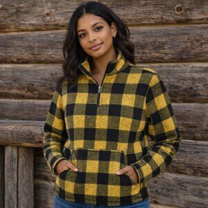 greendog Women's Black and Yellow Buffalo Plaid Quarter Zip Flannel, Size Medium